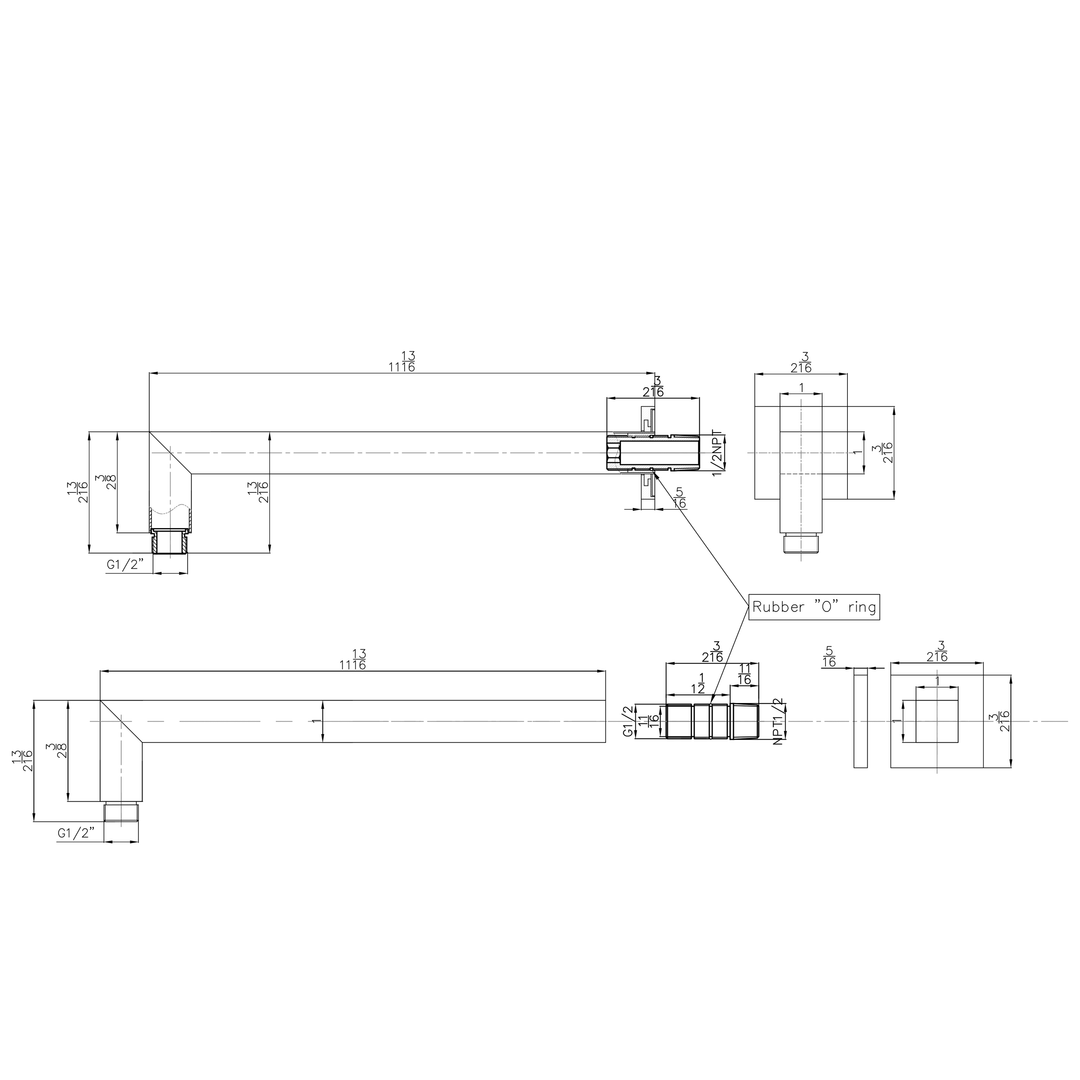Technical drawings for BAI 0473 Wall Mounted 12-inch Shower Head Arm in Brushed Gold Finish