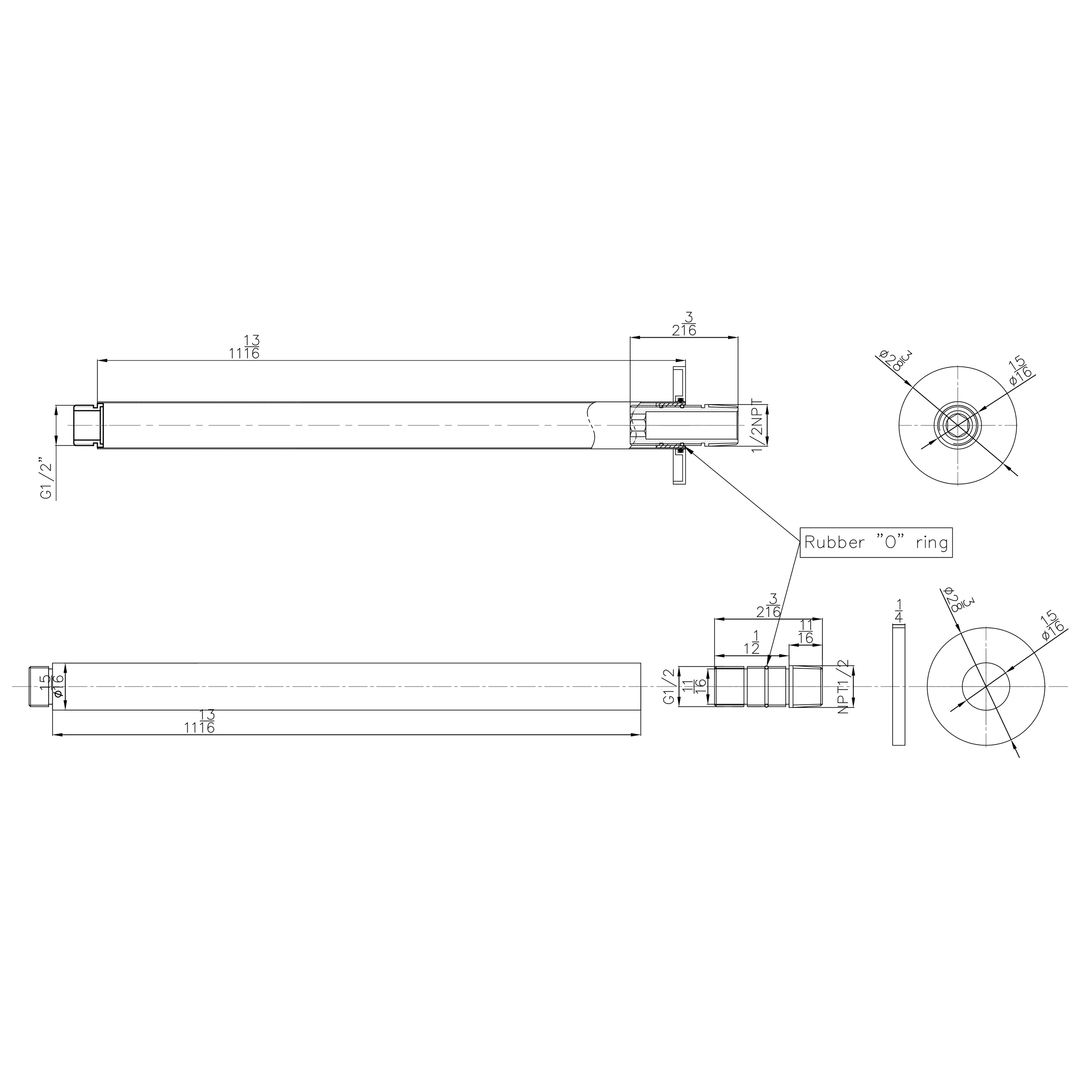Technical drawings for BAI 0456 Ceiling Mounted 12-inch Shower Head Arm in Matte Black Finish