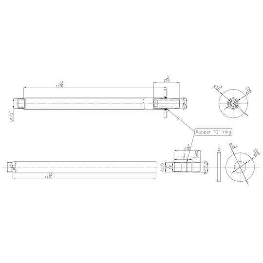 Technical drawings for BAI 0456 Ceiling Mounted 12-inch Shower Head Arm in Matte Black Finish