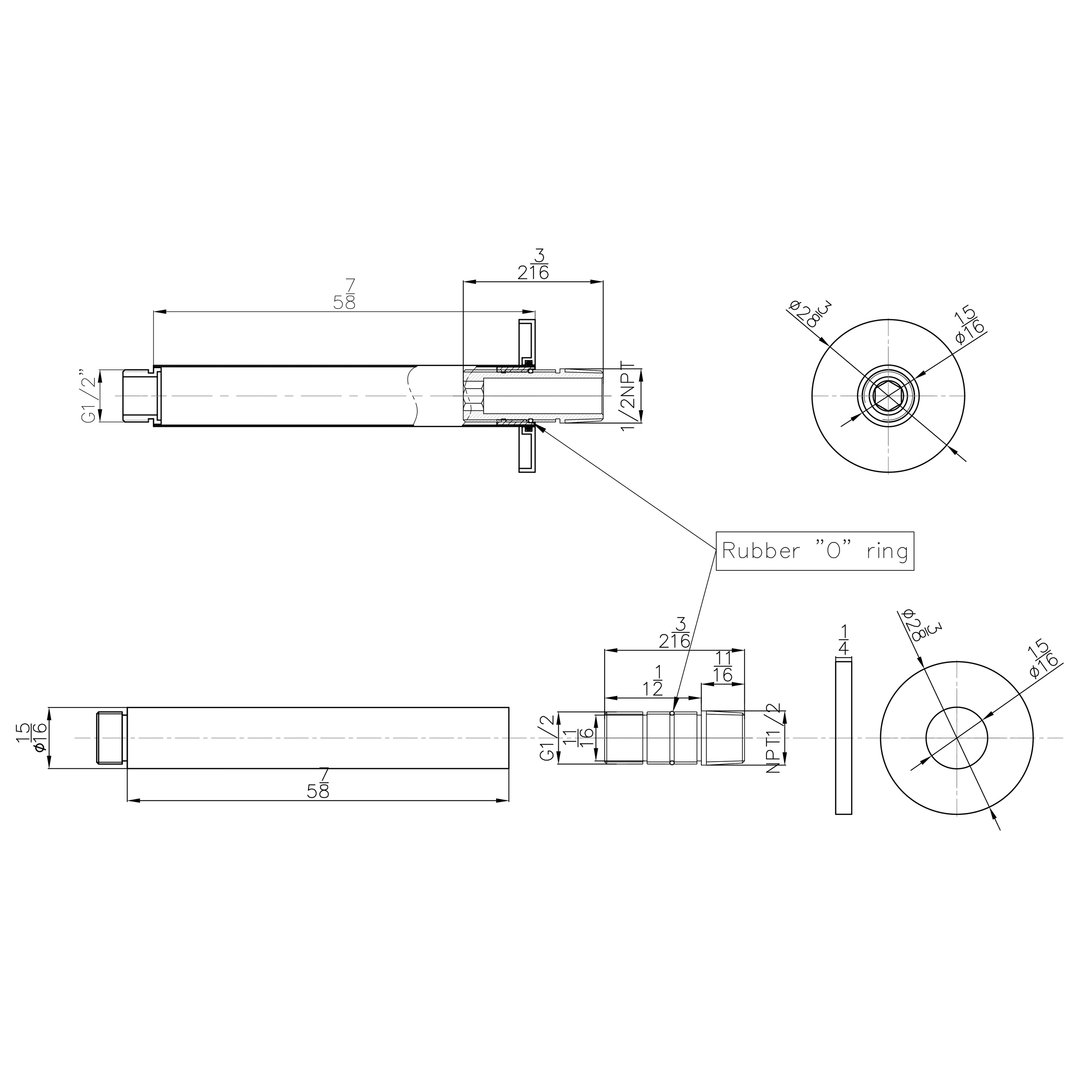 Technical drawings for BAI 0455 Ceiling Mounted 6-inch Shower Head Arm in Matte Black Finish