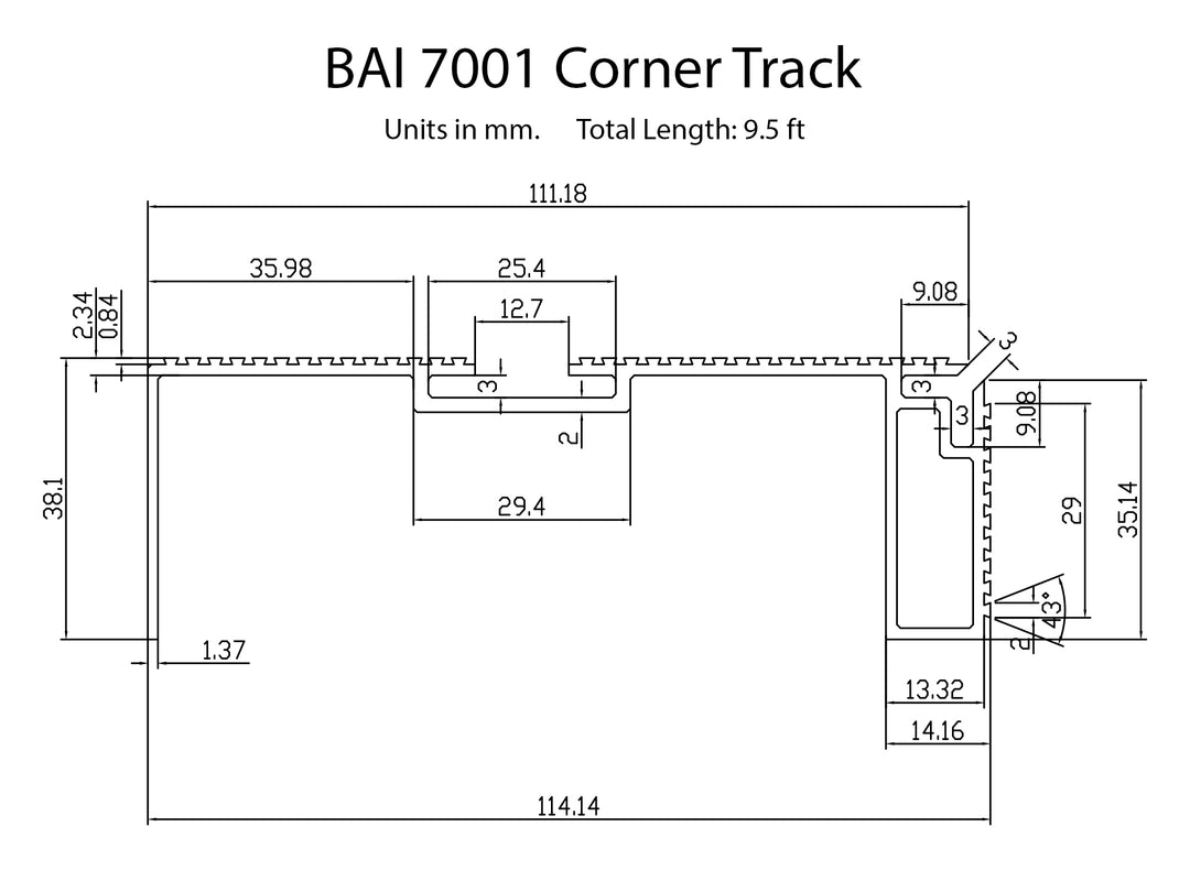 Technical drawings for BAI 7001 Aluminum Corner Tracks Kit