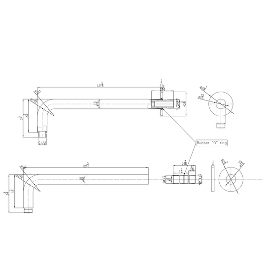 Technical drawings for BAI 0472 Wall Mounted 12-inch Shower Head Arm in Brushed Gold Finish